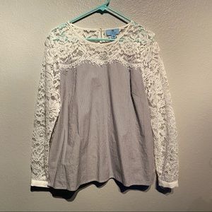 CECE Pinstripe Lace Yoke Blouse